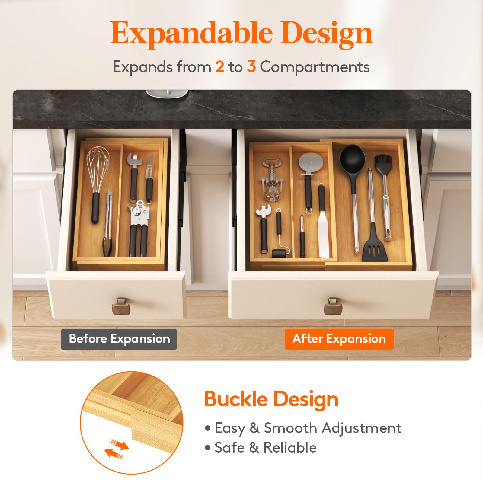 Foto 4 pulgar | Organizador De Cajones Para Utensilios Lifewit Expendable Bamboo, 3 Compartimentos - Venta Internacional.