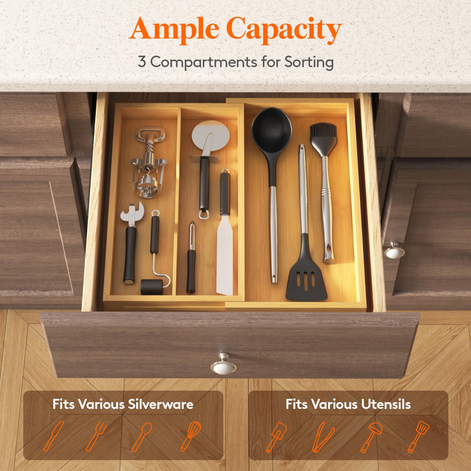 Foto 5 pulgar | Organizador De Cajones Para Utensilios Lifewit Expendable Bamboo, 3 Compartimentos - Venta Internacional.