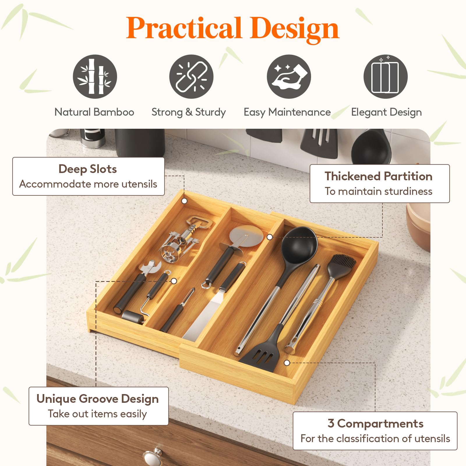 Foto 5 | Organizador De Cajones Para Utensilios Lifewit Expendable Bamboo, 3 Compartimentos - Venta Internacional.