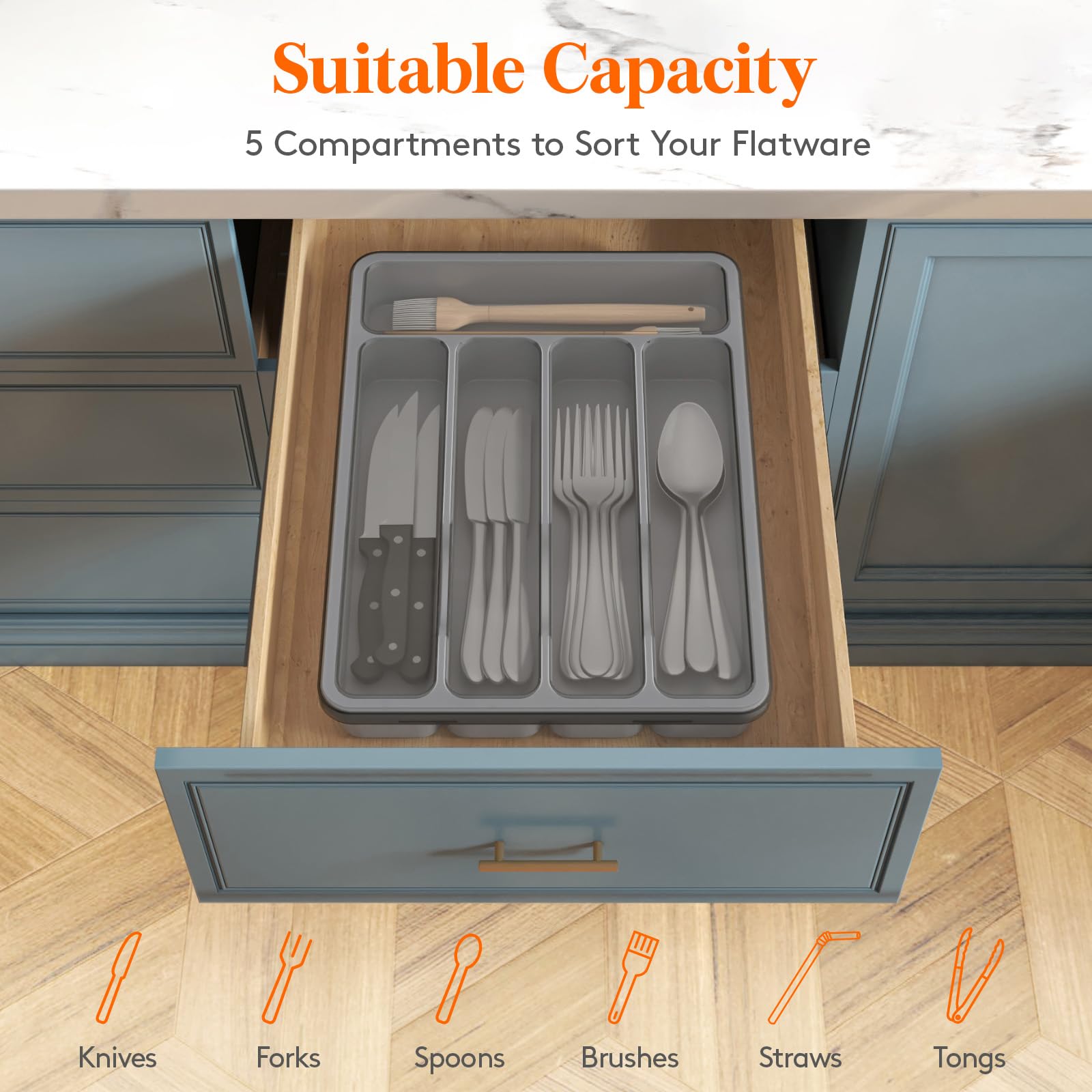 Foto 4 pulgar | Organizador Para Cubiertos Lifewit Con 5 Compartimentos, Color Gris - Venta Internacional.