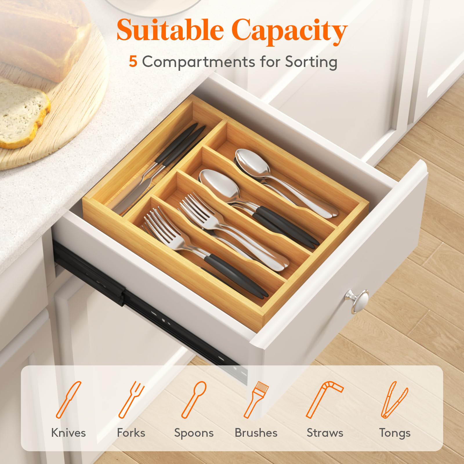 Foto 6 pulgar | Organizador De Cajones Lifewit Silverware, 5 Ranuras, Madera De Bambú - Venta Internacional.