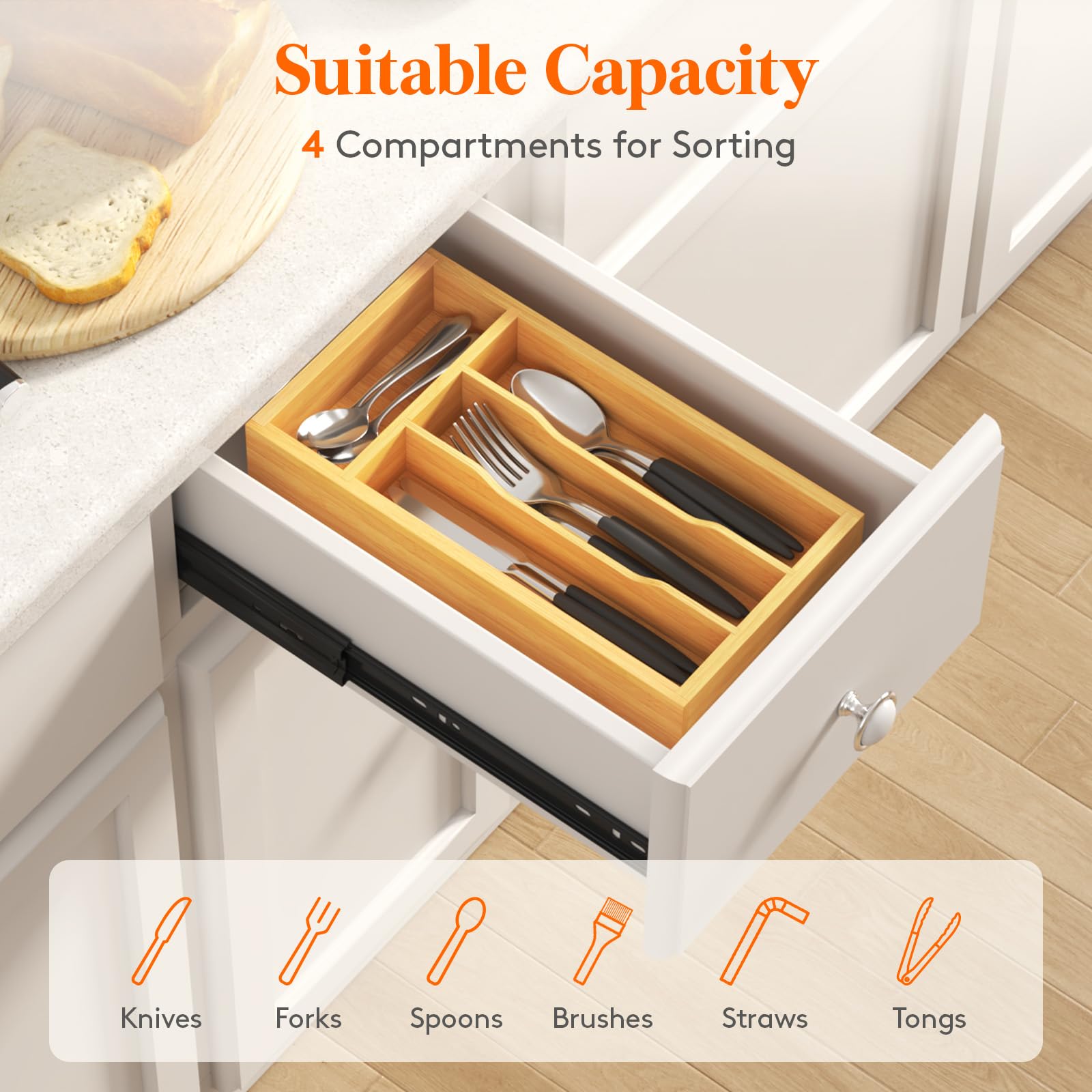 Foto 6 pulgar | Organizador De Cajones Lifewit Silverware, 4 Ranuras, Madera De Bambú - Venta Internacional.