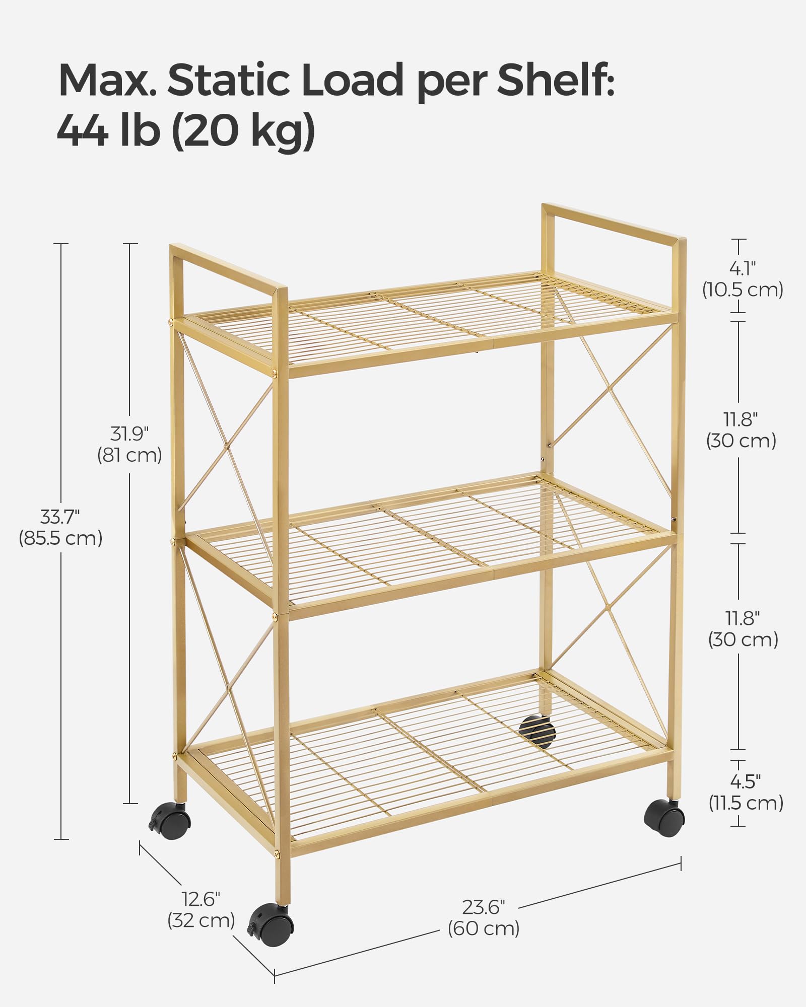 Foto 7 | Estante de Almacenamiento Songmics de Metal de 3 Niveles con Ruedas Dorado - Venta Internacional
