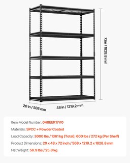 Foto 7 | Estantes De Almacenamiento Vevor De 5 Niveles, Resistentes, 1360 Kg, 48 X 122 X 183 Cm - Venta Internacional.