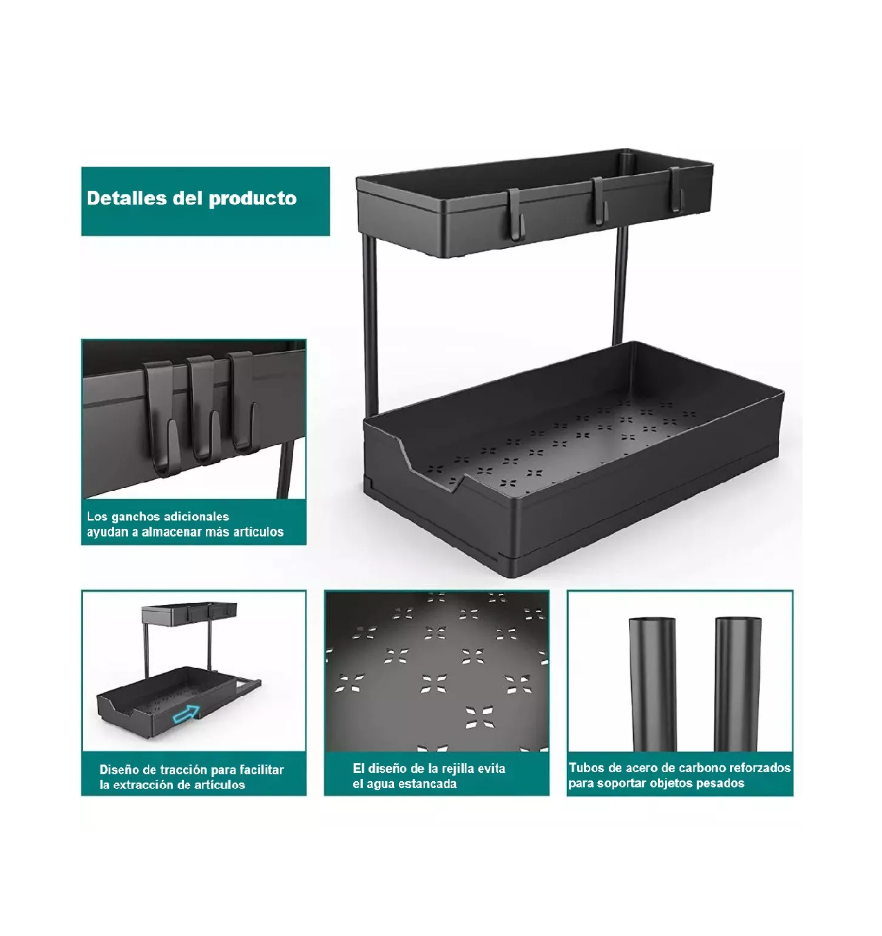 Foto 4 pulgar | Organizador de Cocina o Baño Belug color Negro con Cajones 4 Ganchos 2 Niveles