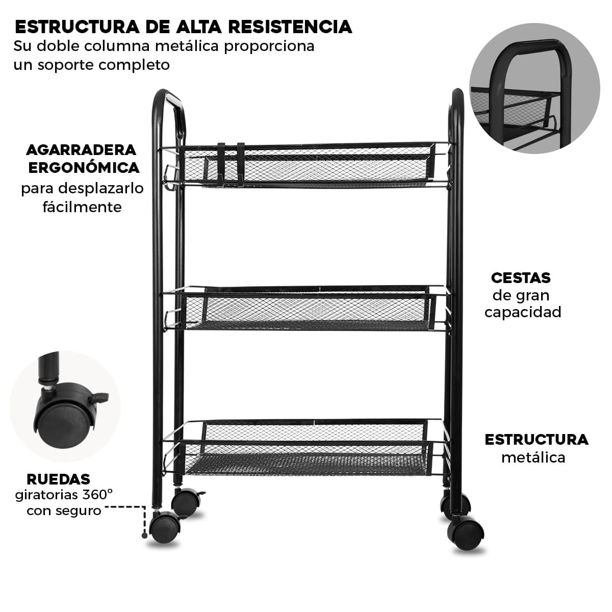 Foto 3 pulgar | Carrito Organizador Multiusos de Metal de 3 Niveles Negro