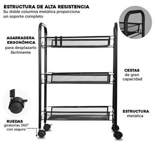 Foto 2 | Carrito Organizador Multiusos de Metal de 3 Niveles Negro