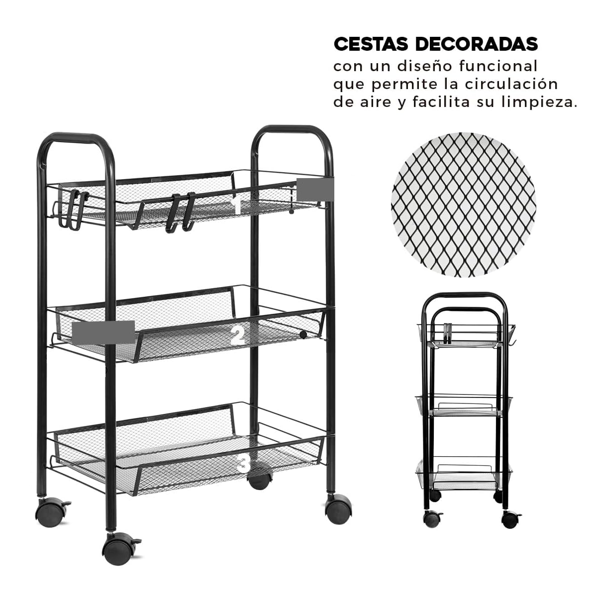 Foto 4 pulgar | Carrito Organizador Multiusos de Metal de 3 Niveles Negro