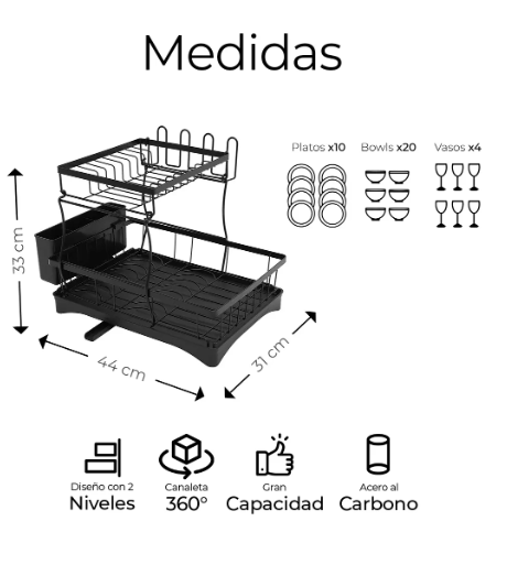 Foto 3 pulgar | Escurridor Trastes Pro 2 Wünd Niveles Bandeja Con Canaleta 360° Color Negro