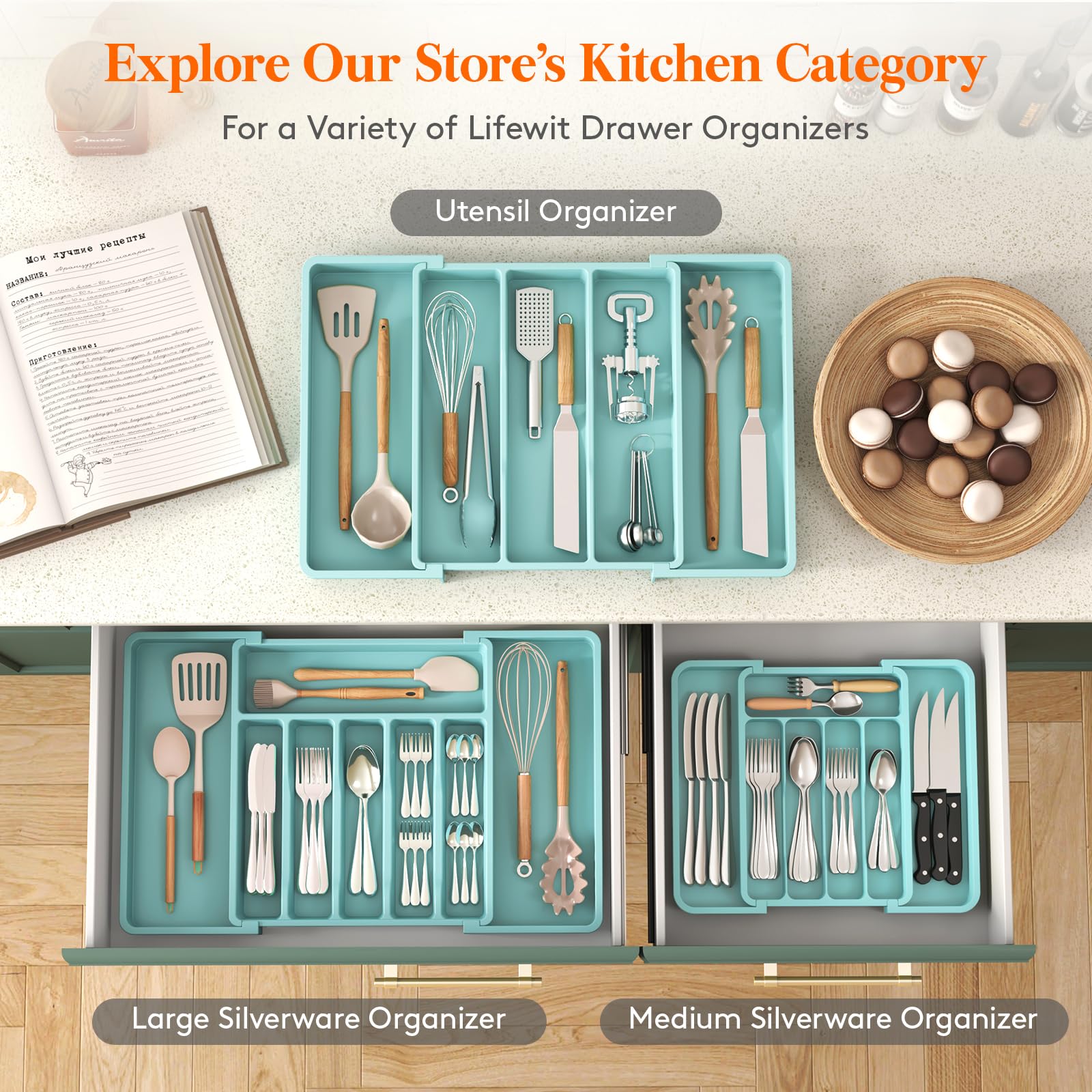 Foto 5 pulgar | Organizador De Cajones Lifewit Silverware Expandible, Color Turquesa - Venta Internacional.