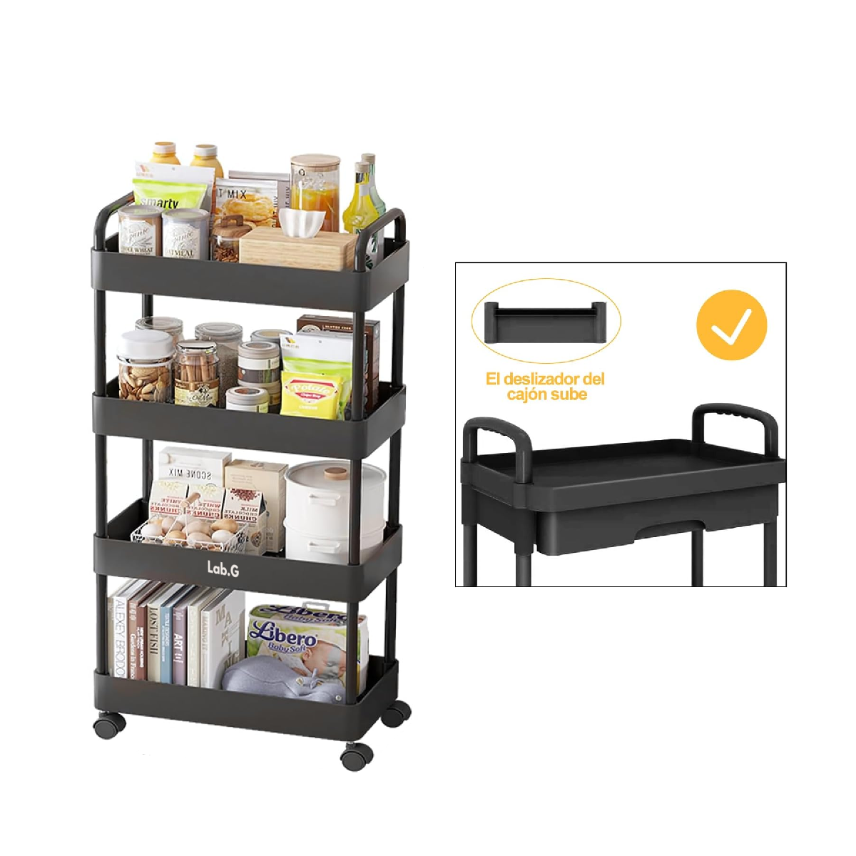 Foto 2 | Carrito Organizador Lab.g 4 Niveles Multiusos Estantes Con Cajón Negro