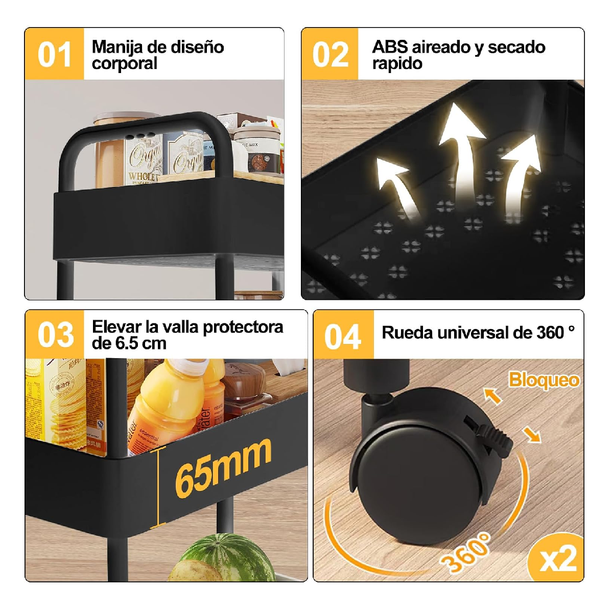 Foto 4 pulgar | Carrito Organizador Lab.g 4 Niveles Multiusos Estantes Con Cajón Negro