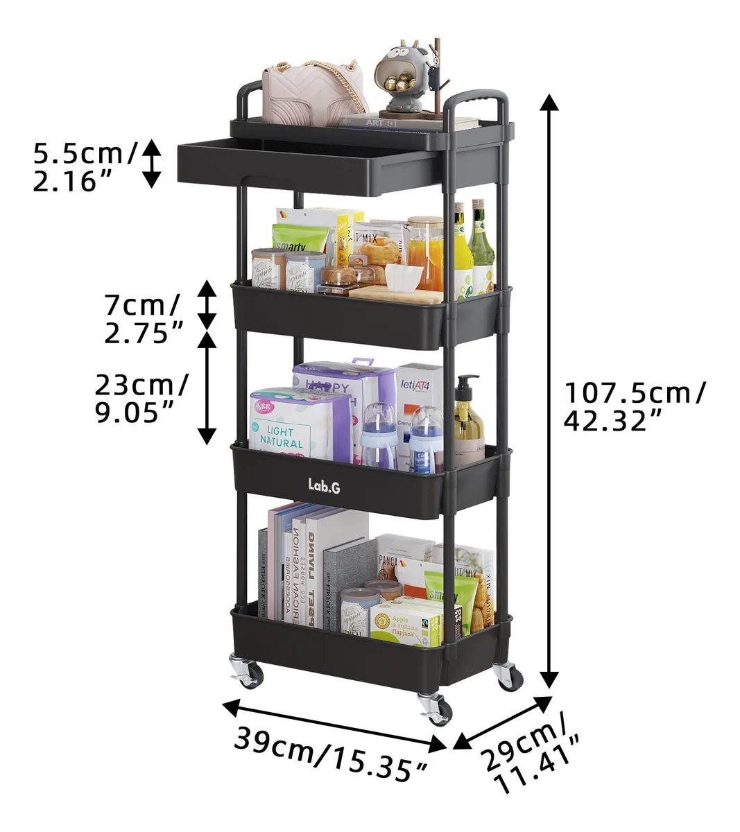 Foto 6 pulgar | Carrito Organizador Lab.g 4 Niveles Multiusos Estantes Con Cajón Negro