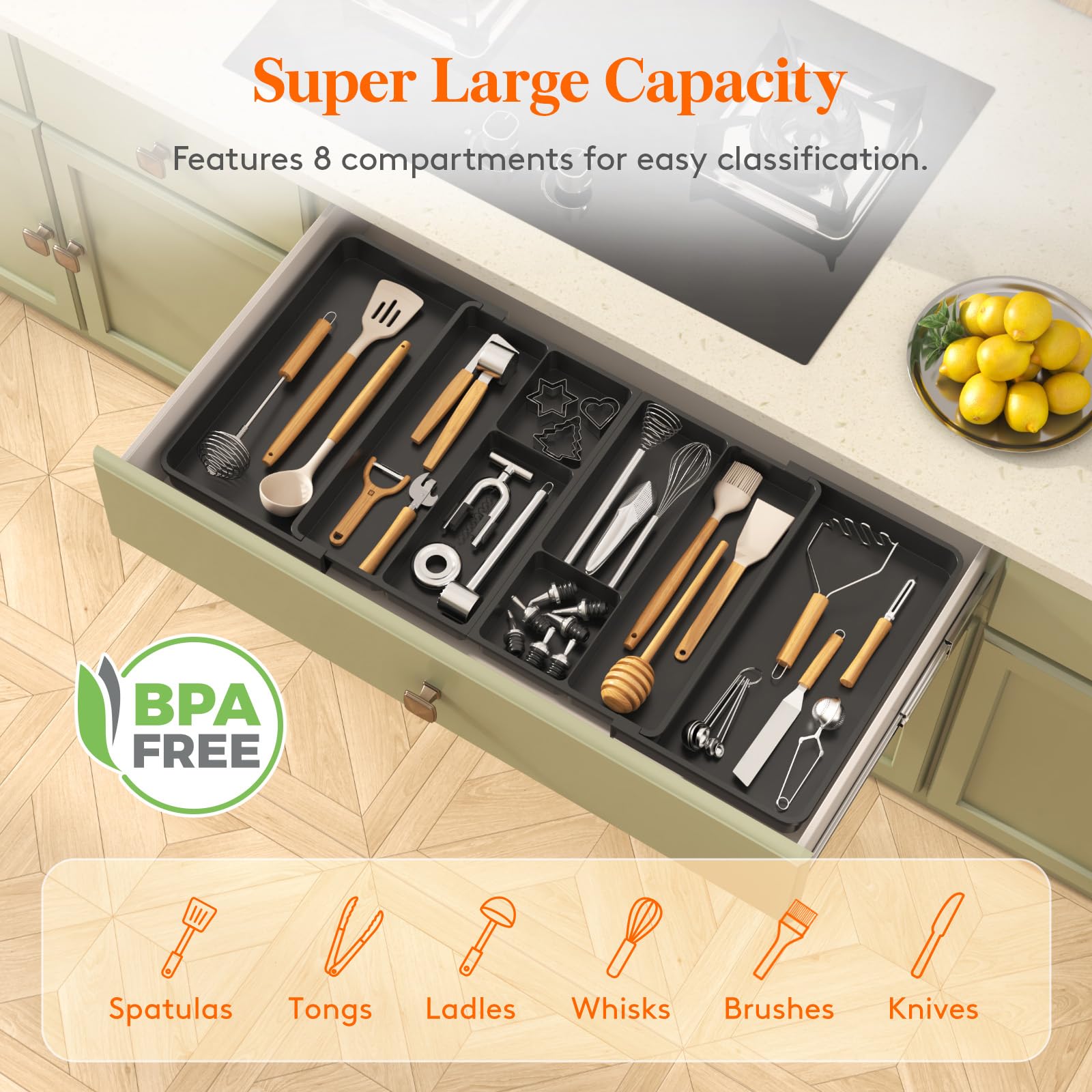Foto 7 pulgar | Organizador De Utensilios Lifewit, Cajón Grande De Cocina, Plástico Negro - Venta Internacional.