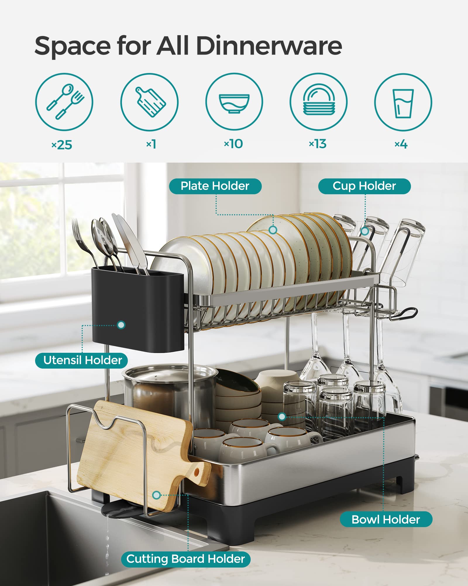 Foto 3 | Estante Para Secar Platos Songmics De 2 Niveles Para Cocina Con Caño De Desagüe