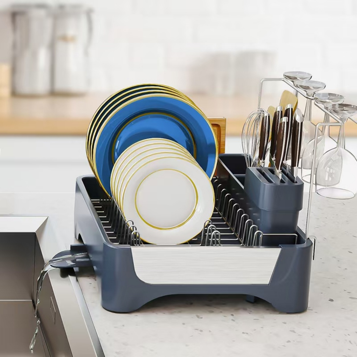 Foto 4 pulgar | Escurridor de Trastes Expandible con Drenaje Automático Organizador de Cocina Modulable Soporte para Copas y Cubiertos