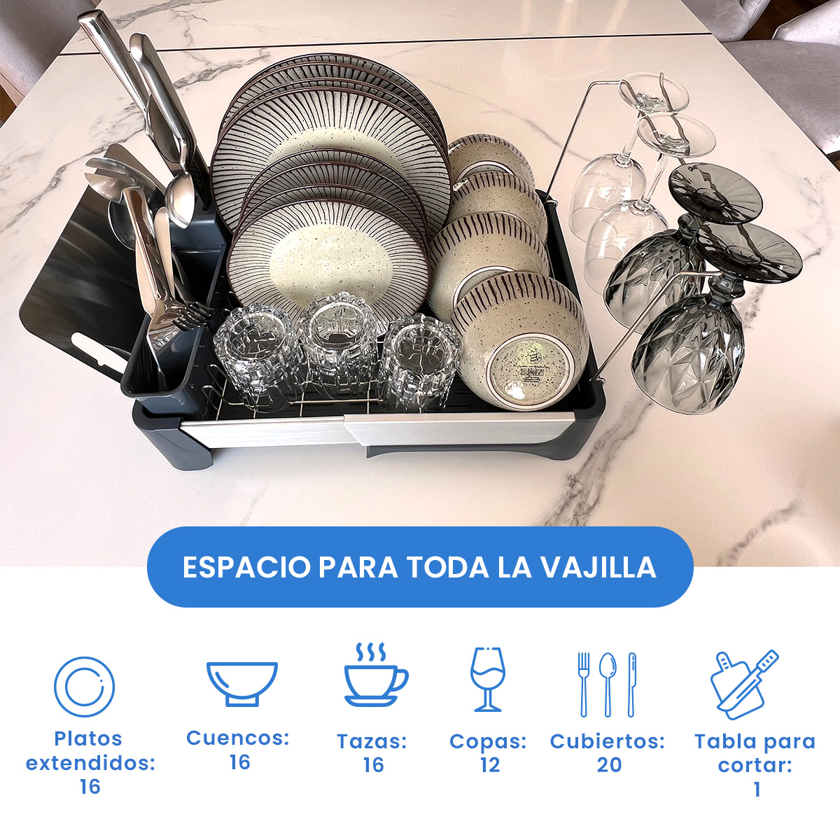 Foto 9 pulgar | Escurridor de Trastes Expandible con Drenaje Automático Organizador de Cocina Modulable Soporte para Copas y Cubiertos