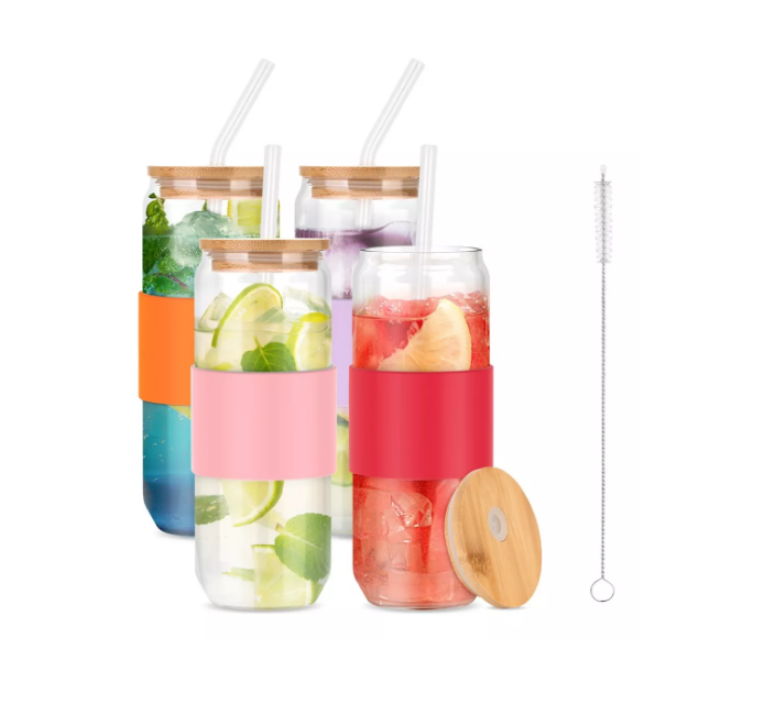 Vaso De Vidrio Con Tapas De Bambu Y Pajitas 720ml/24oz 4pcs