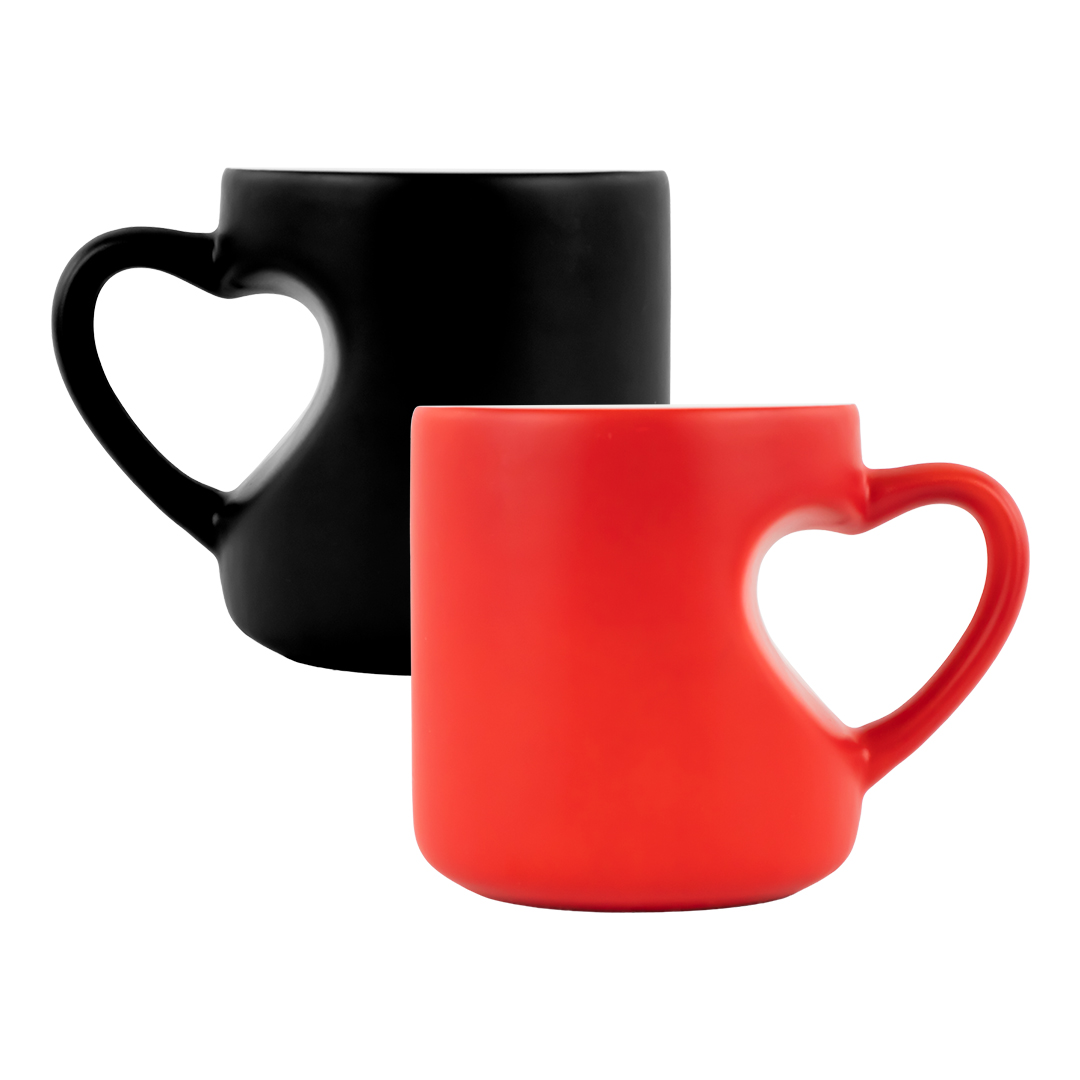 Set de 2 Tazas De Cerámica Roja y Negra Con Asa De Corazón