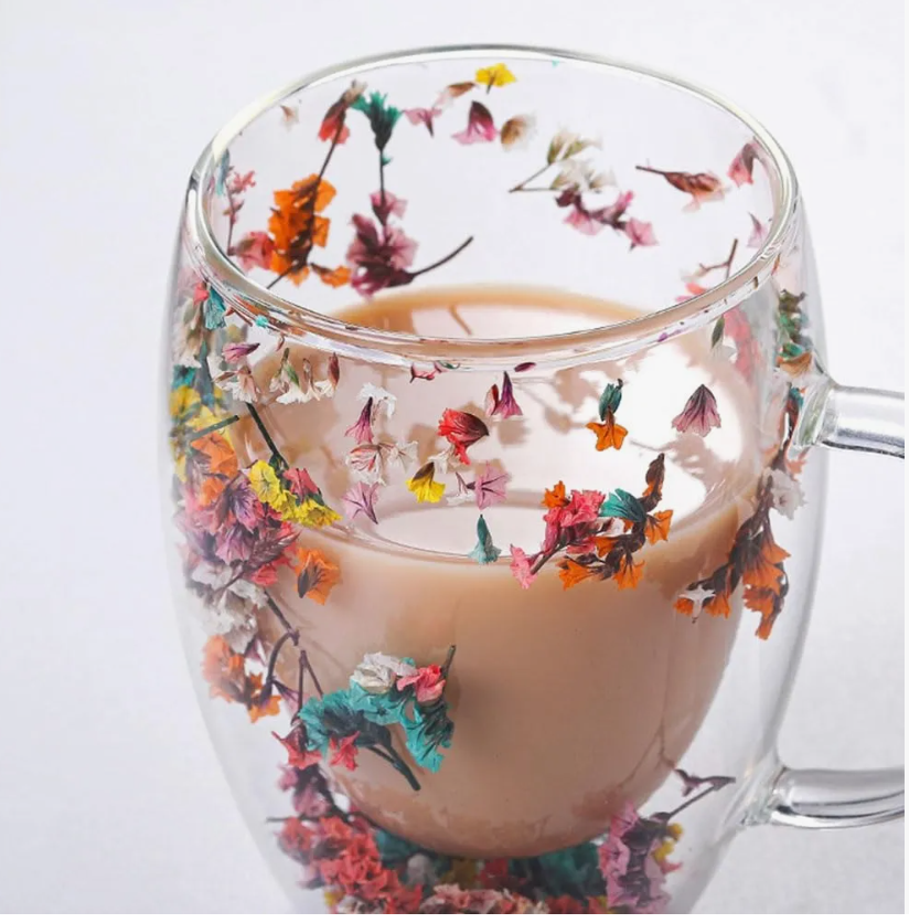 Foto 4 pulgar | Taza Vidrio Doble Pared Borosilicato 10oz Con Flor Seca Café