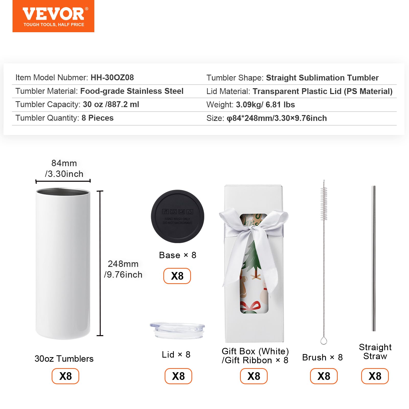 Foto 7 | Vaso De Sublimación Vevor, 8 Unidades, 887 Ml, Acero Inoxidable - Venta Internacional.