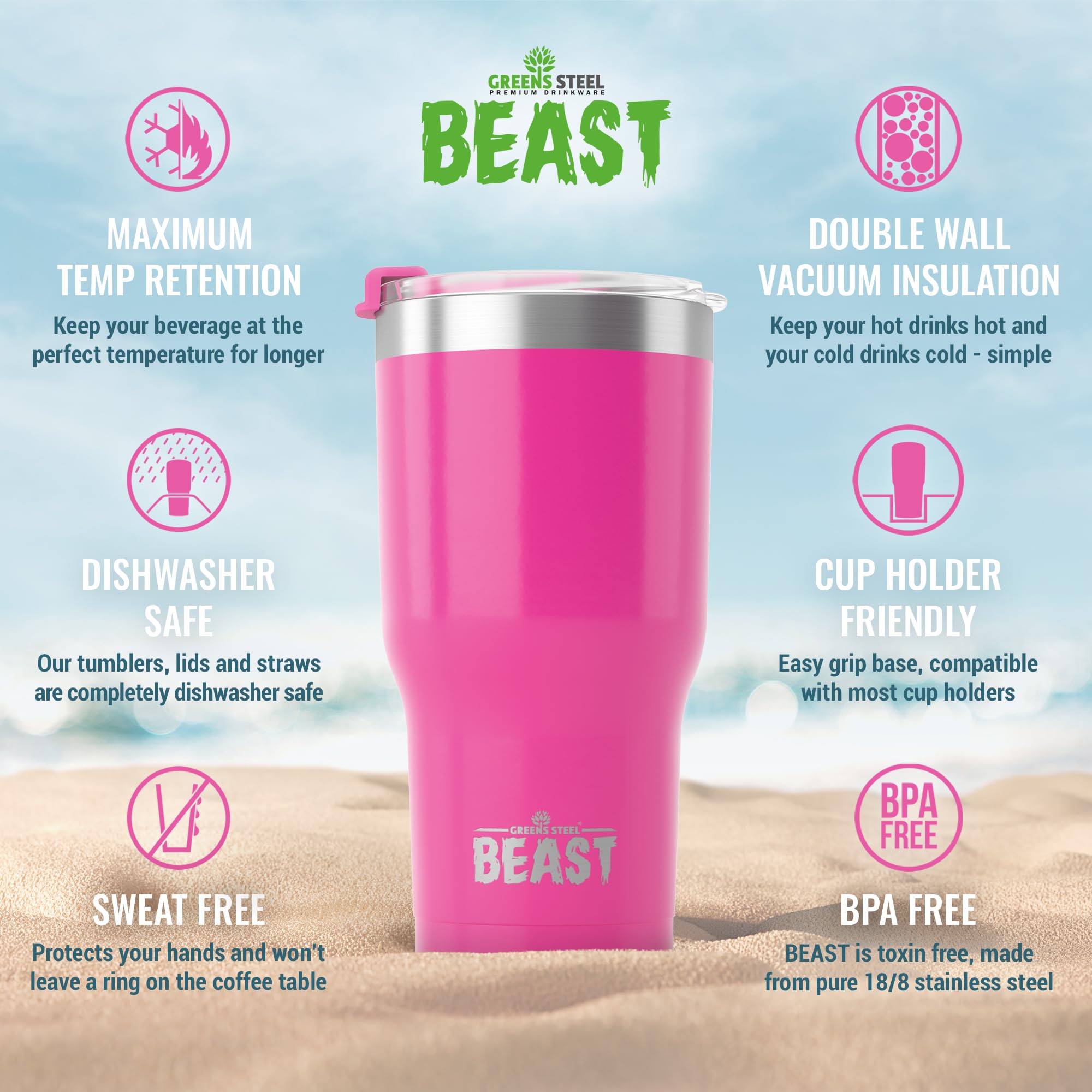 Foto 7 pulgar | Cupcake De Acero Inoxidable Tumbler Greens Steel Beast  900 Ml  Color Rosa - Venta Internacional.