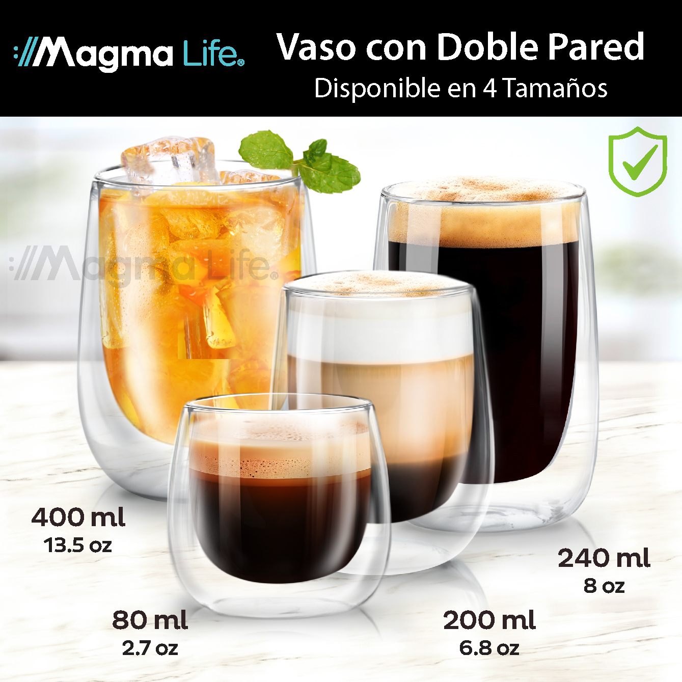 Foto 5 | Magmalife Set De 4 Vasos De Cristal Doble Pared 80 Ml Ideales Para Espresso Térmicos Elegantes Y Versátiles