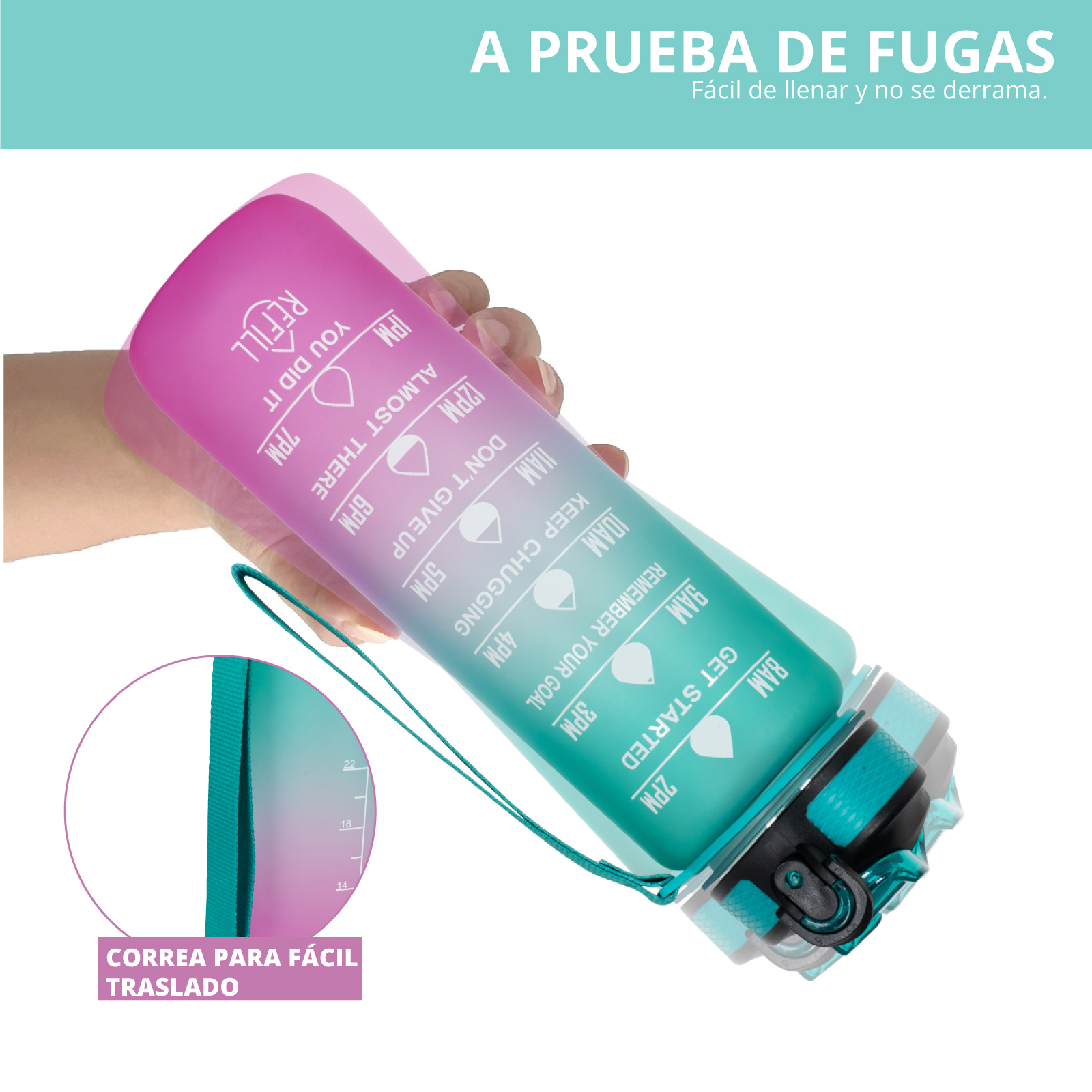 Foto 2 | Botella De Plástico Para Agua Color Celeste Rosa De 1 Litro