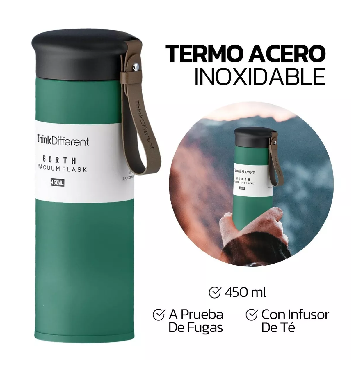 Foto 3 pulgar | Termo Portátil Acero Inoxidable 450 Ml Infusor Frio Caliente Verde Militar