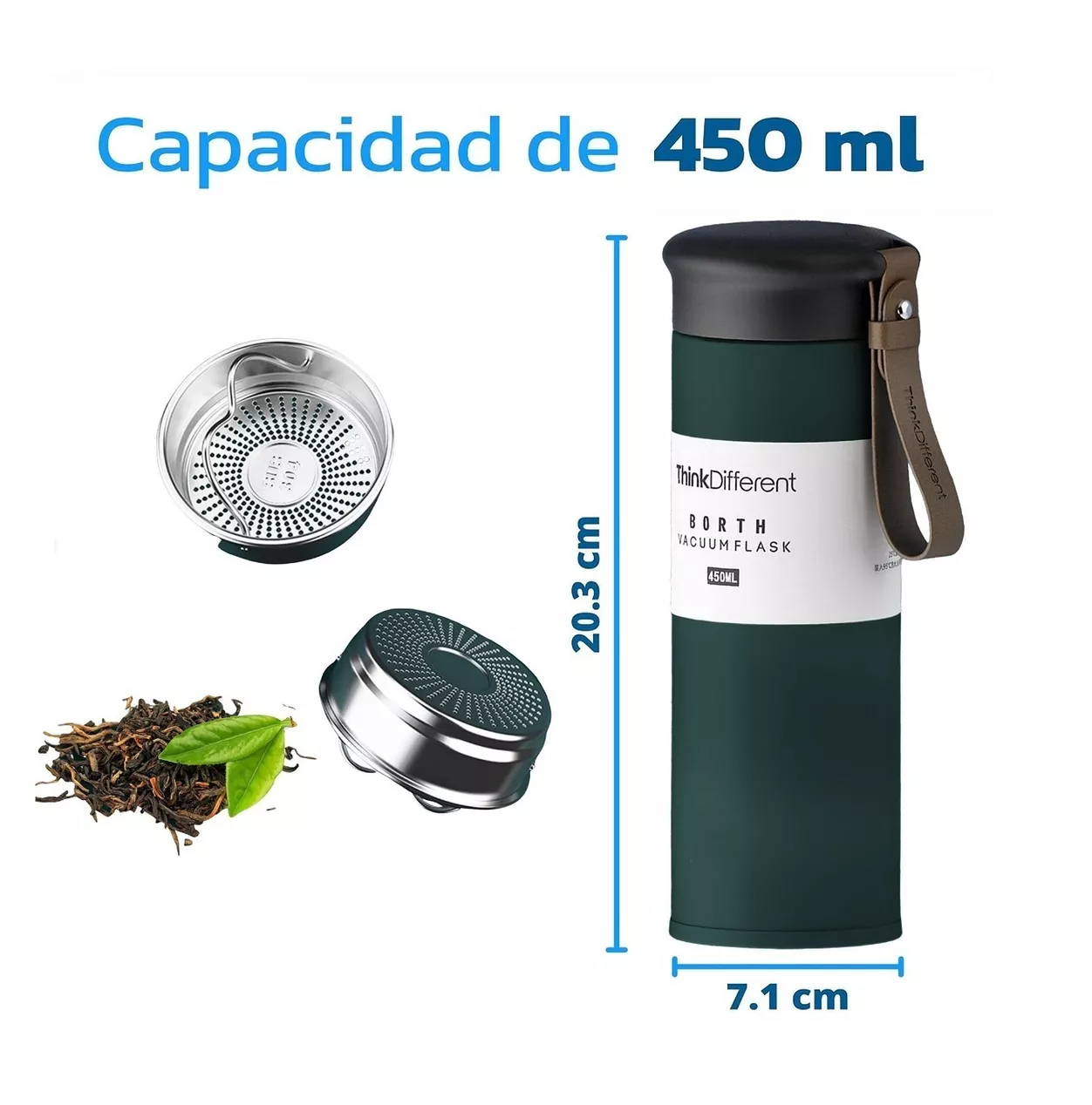 Foto 4 pulgar | Termo Portátil Acero Inoxidable 450 Ml Infusor Frio Caliente Verde Militar