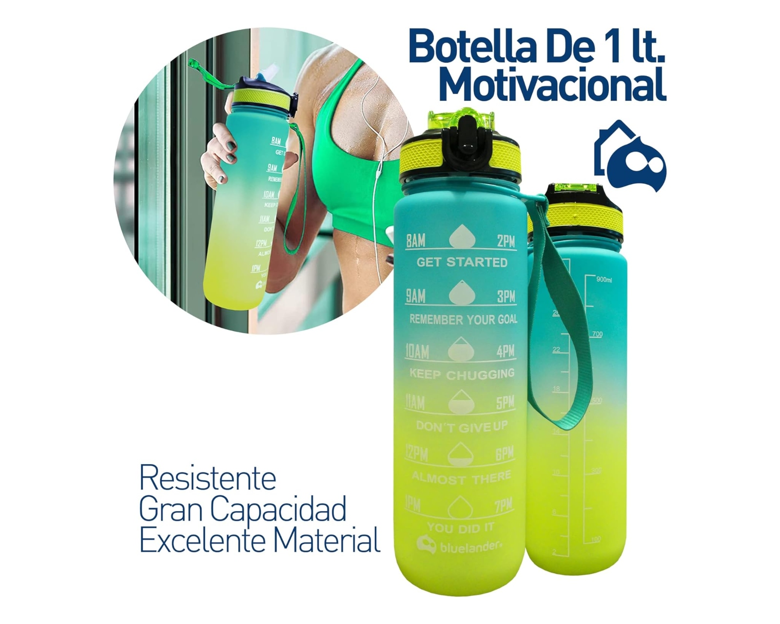 Foto 3 pulgar | Botella Motivacional Bluelander, Color Verde, 1000 ml