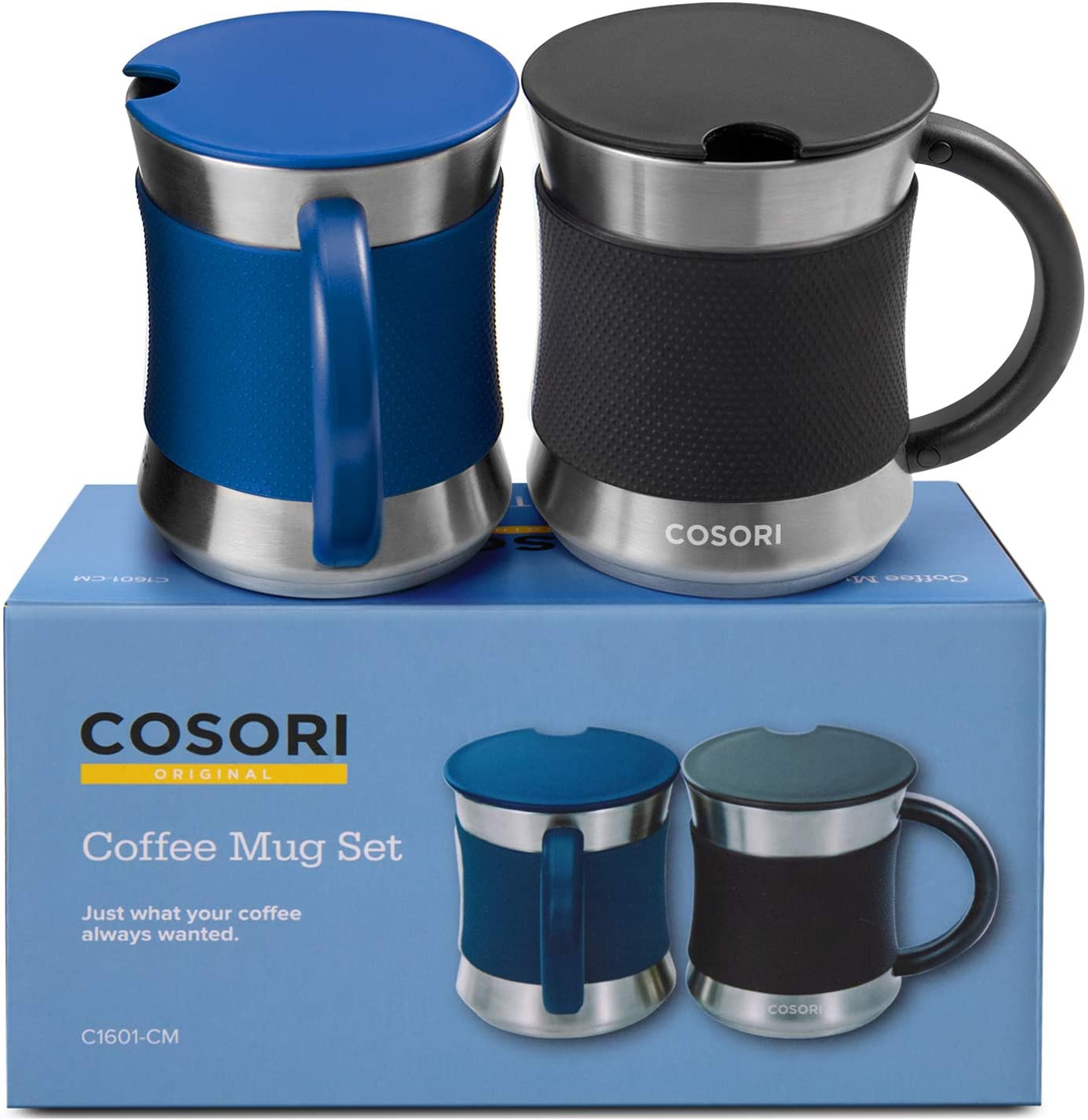 Venta Internacional - Taza Café Cosori, Tapas, Juego 2, Acero Inoxidable, Mango Resistente Calor, Funda Antidesli