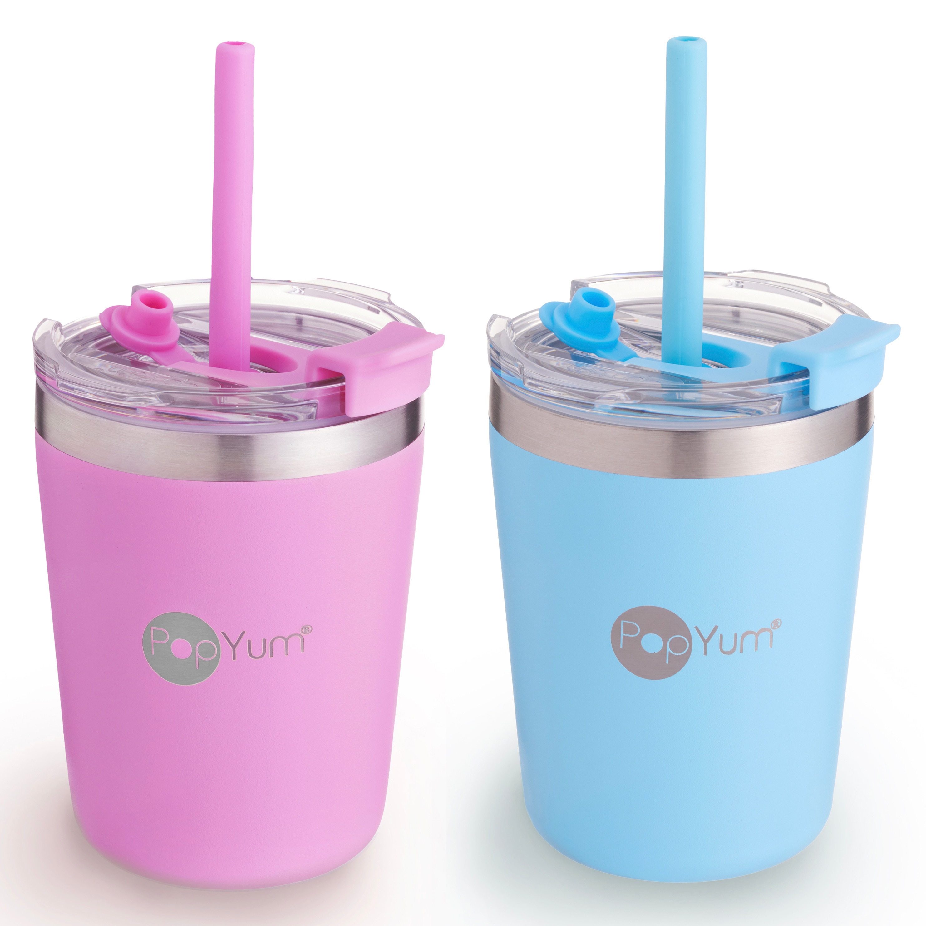 Set de 2 Vasos Térmicos Infantiles PopYum PKC05 color Rosa y Azul de Acero Inoxidable con Tapa y Popote 9oz $548