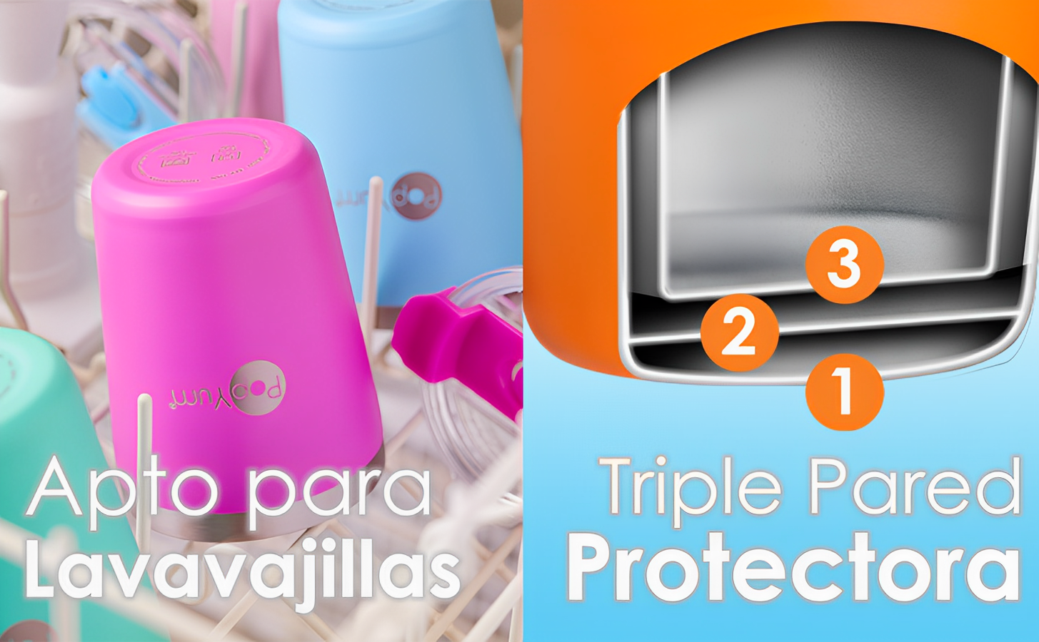 Foto 9 pulgar | Set de 2 Vasos Térmicos Infantiles PopYum PKC05 color Rosa y Azul de Acero Inoxidable con Tapa y Popote 9oz