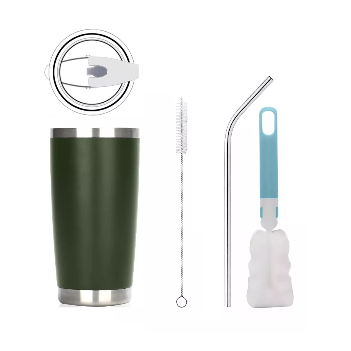 Vaso Térmico de Acero Inoxidable con Popote y Cepillo Eo Safe Imports ESI-12691 Verde 20 Oz