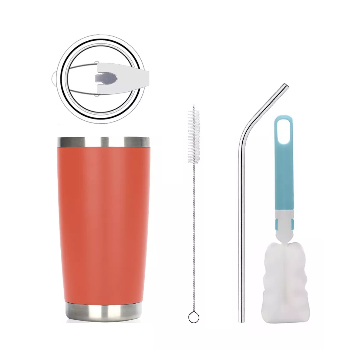 Vaso Térmico de Acero Inoxidable con Popote y Cepillo Eo Safe Imports ESI-12689 Naranja 20 Oz