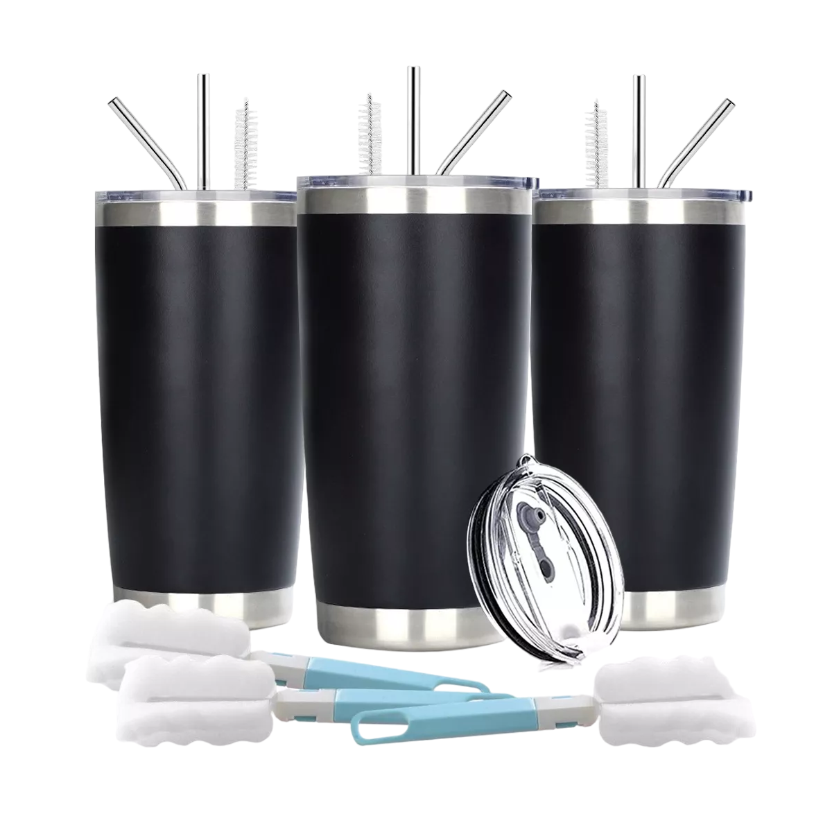 Vasos Térmicos Belug Negros de Acero Inoxidable con Popote y Cepillo 20 Oz 3 Unidades