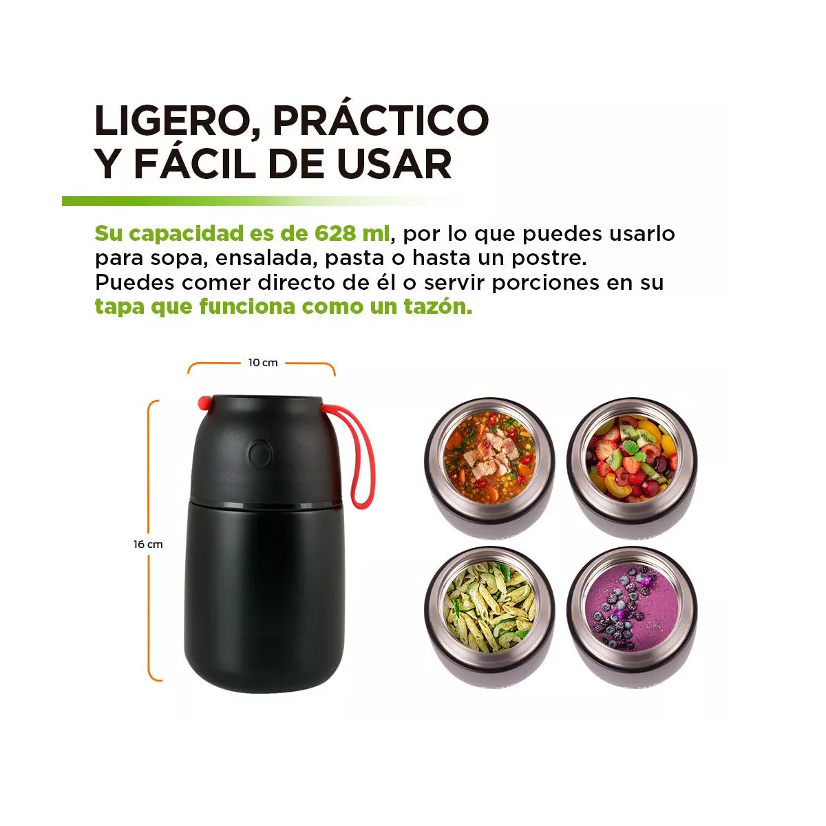 Foto 4 pulgar | Termo De Acero Inoxidable 628 Ml Para Comida Eo Safe Imports Esi-15056 Negro