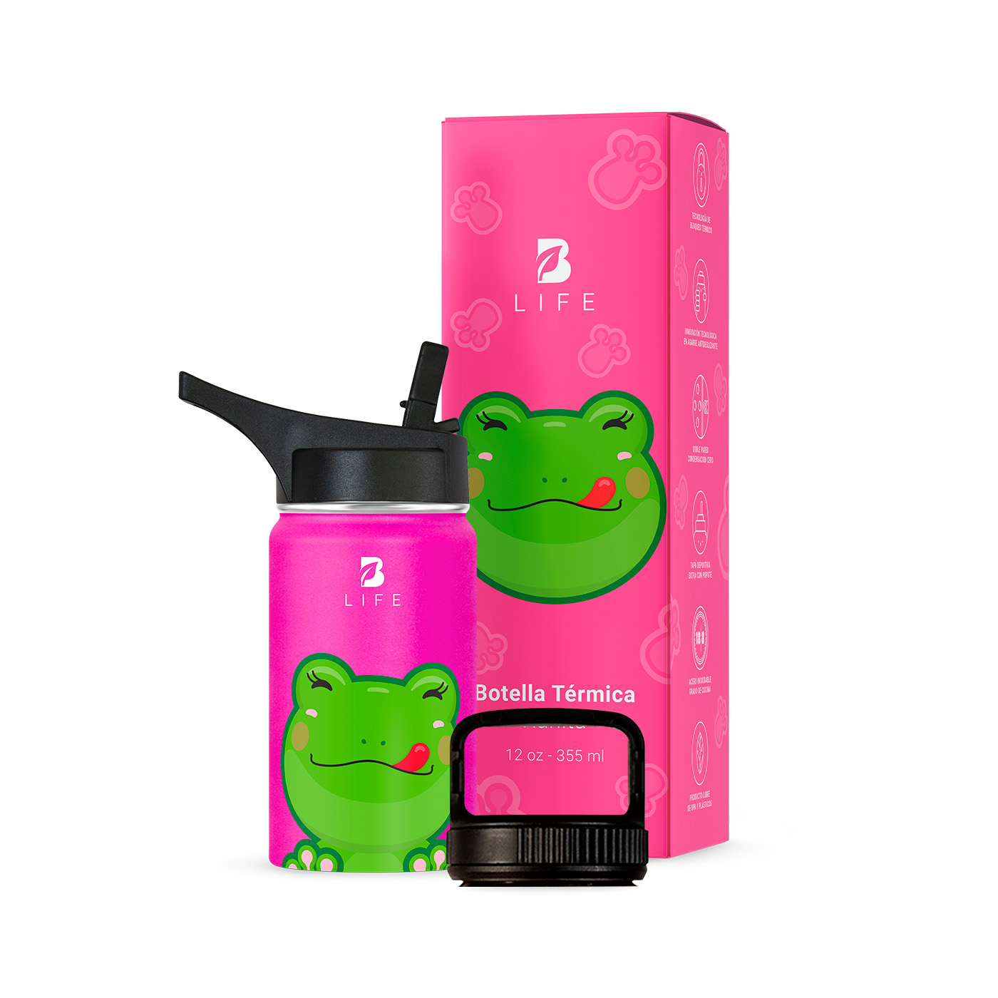 Termo De Rana De 355 Ml Para Bebidas Frías Y Calientes Más Tiempo Y Sin Fugas. Frog Kids Water Bottle. B Life