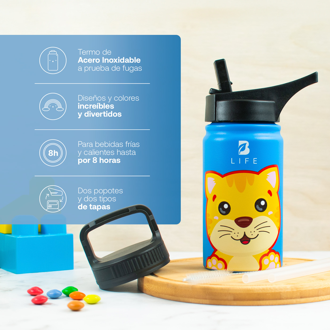 Foto 4 pulgar | Termo De Gato De 355 Ml Para Bebidas Frías Y Calientes Más Tiempo Y Sin Fugas. Cat Kids Water Bottle. B Life