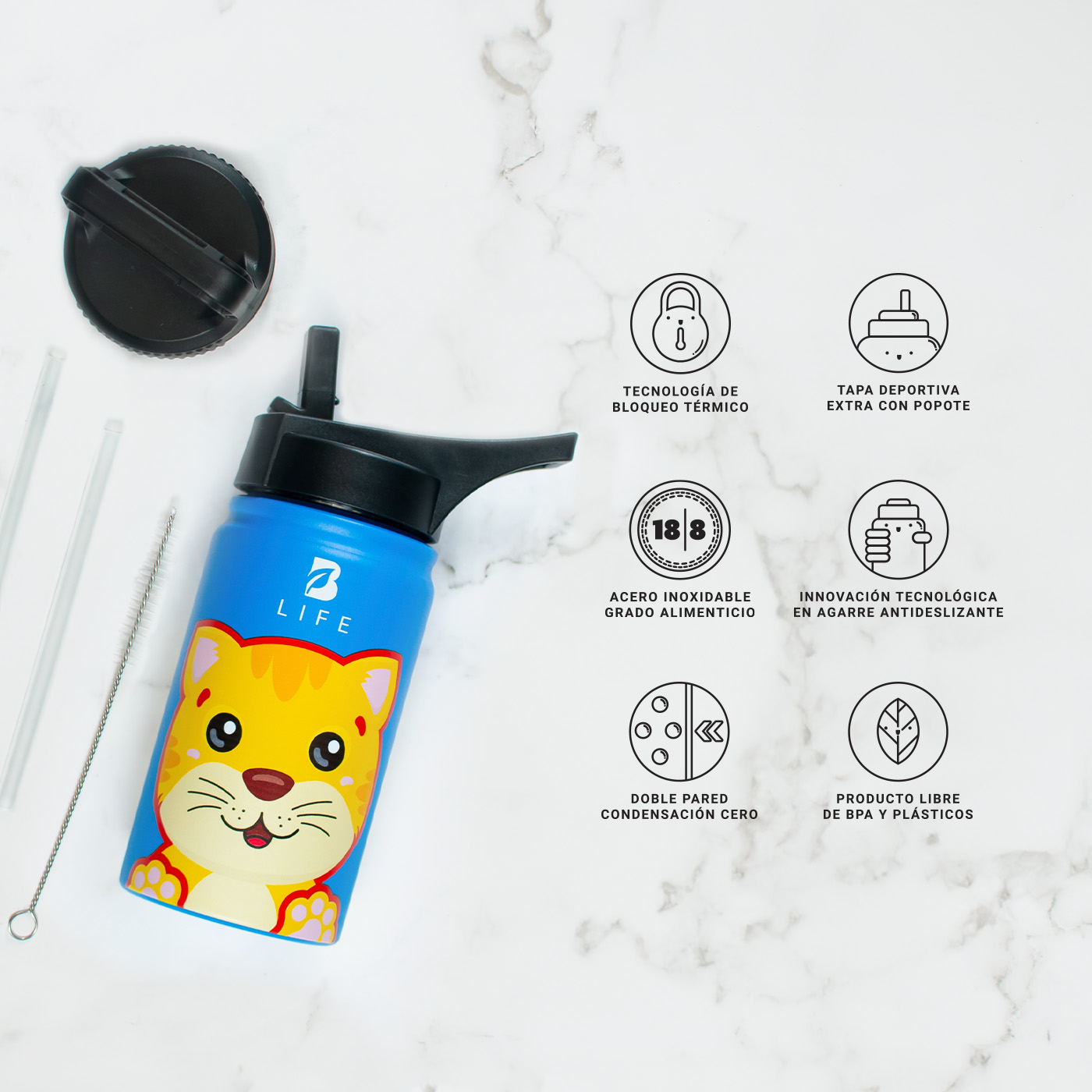 Foto 6 pulgar | Termo De Gato De 355 Ml Para Bebidas Frías Y Calientes Más Tiempo Y Sin Fugas. Cat Kids Water Bottle. B Life
