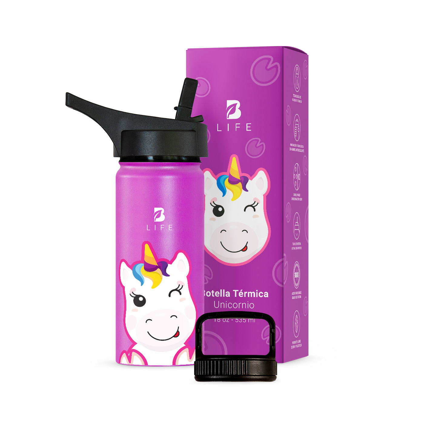 Termo De Unicornio De 532 Ml Para Bebidas Frías Y Calientes Más Tiempo Y Sin Fugas. Unicorn Kids Water Bottle. B Life