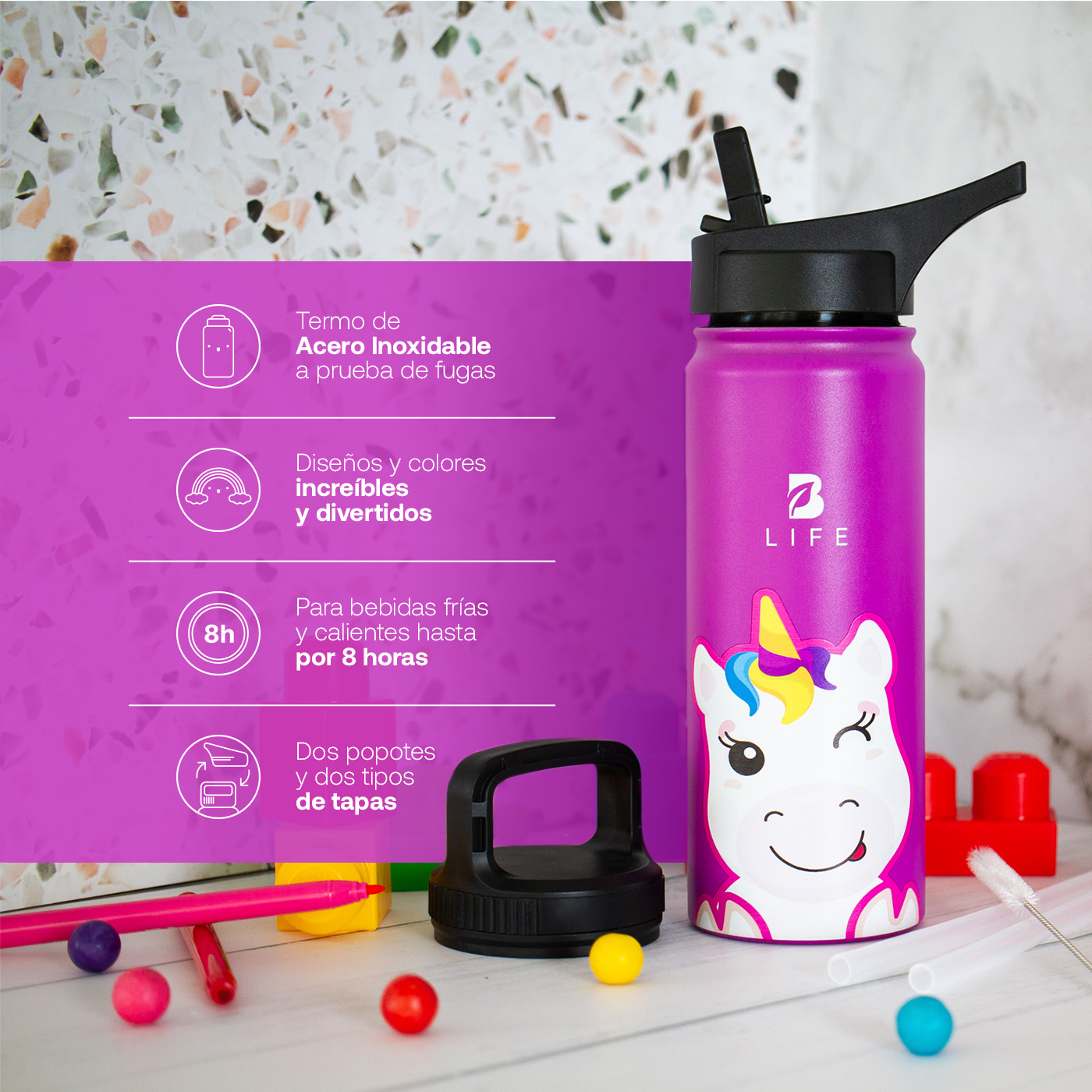 Foto 4 pulgar | Termo De Unicornio De 532 Ml Para Bebidas Frías Y Calientes Más Tiempo Y Sin Fugas. Unicorn Kids Water Bottle. B Life