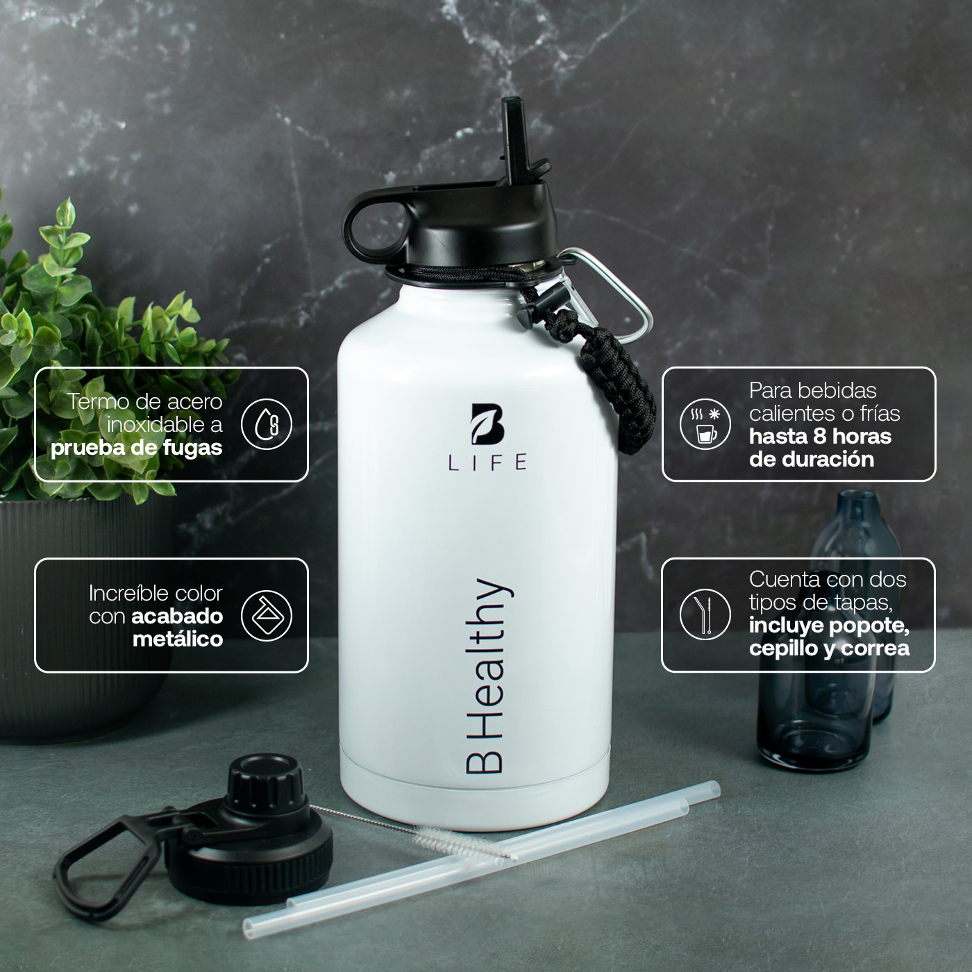 Foto 4 pulgar | Botella Térmica Blanca B Healthy | Mantiene Frío y Calor | Acero Inoxidable 2L