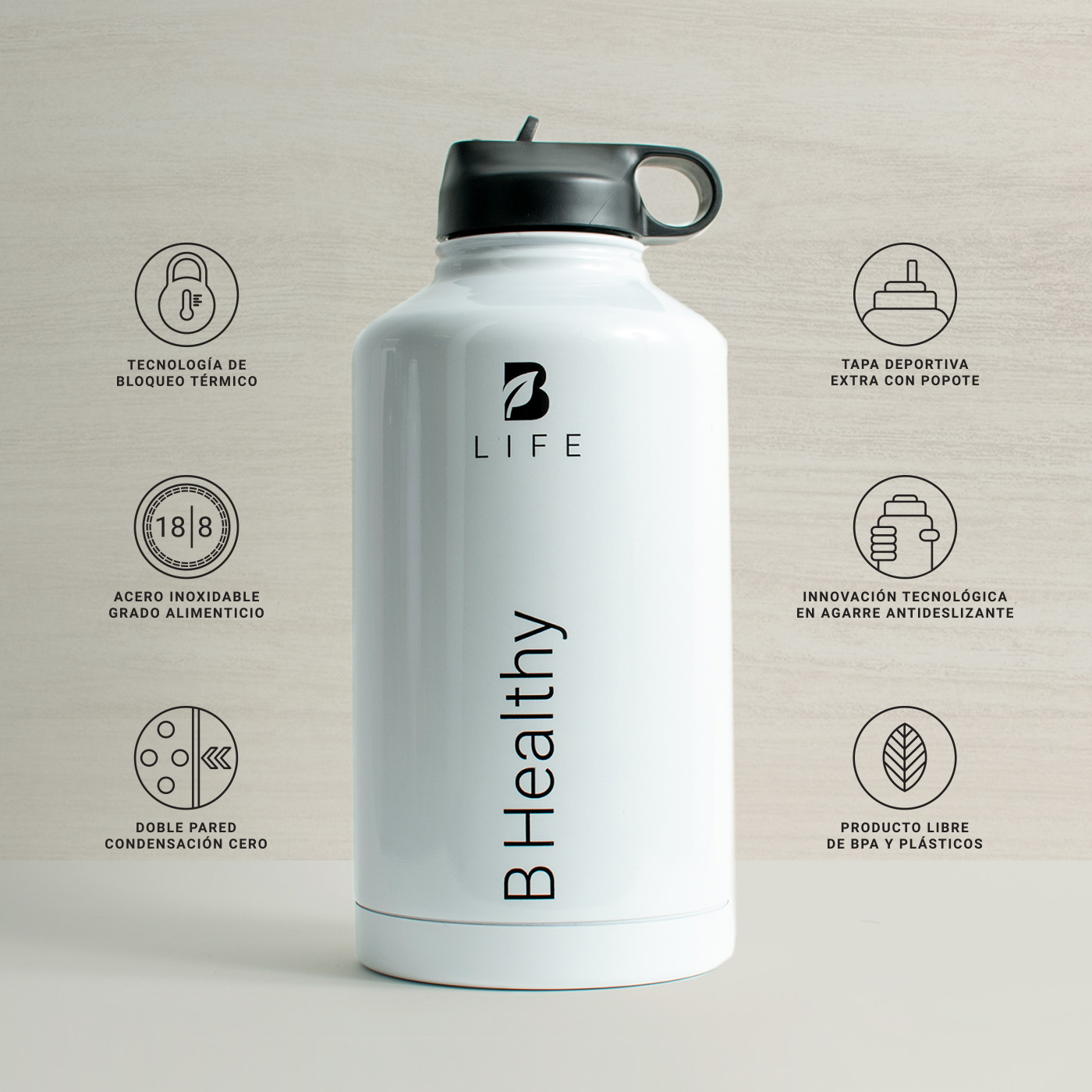 Foto 5 pulgar | Botella Térmica Blanca B Healthy | Mantiene Frío y Calor | Acero Inoxidable 2L