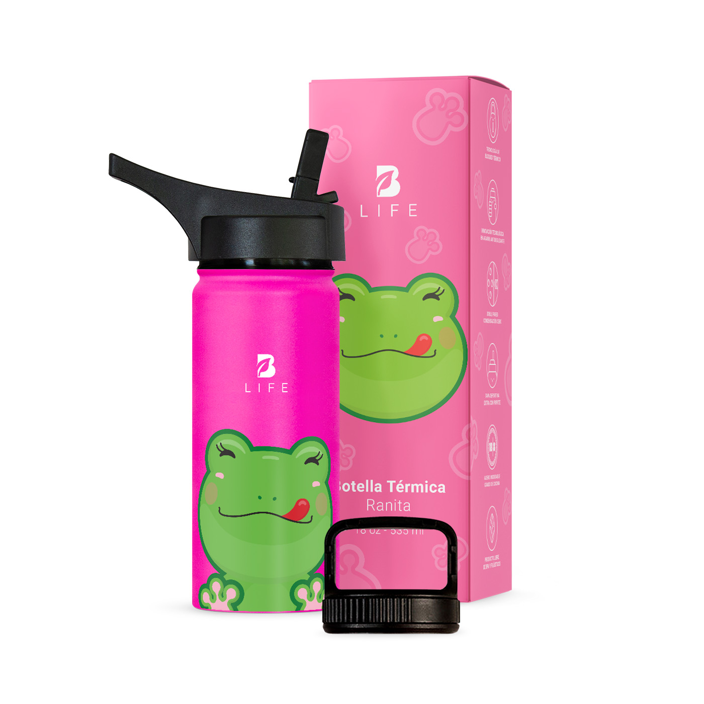 Termo De Rana De 532ml Para Bebidas Frías Y Calientes Más Tiempo Y Sin Fugas. Frog Kids Water Bottle. B Life