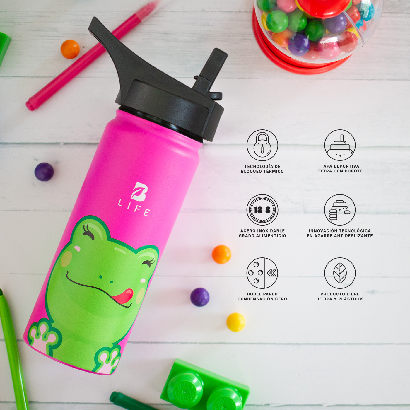 Foto 5 | Termo De Rana De 532ml Para Bebidas Frías Y Calientes Más Tiempo Y Sin Fugas. Frog Kids Water Bottle. B Life