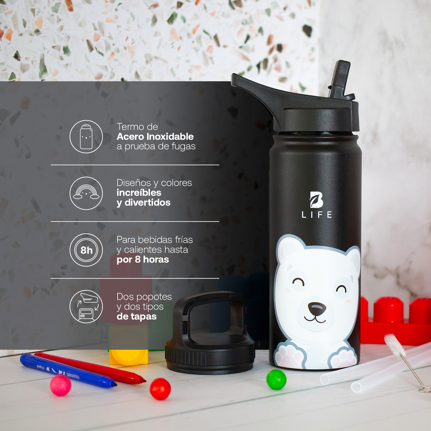 Foto 4 pulgar | Termo De Oso Polar De 532 Ml Para Bebidas Frías Y Calientes Más Tiempo Y Sin Fugas. Bear Kids Water Bottle. B Life