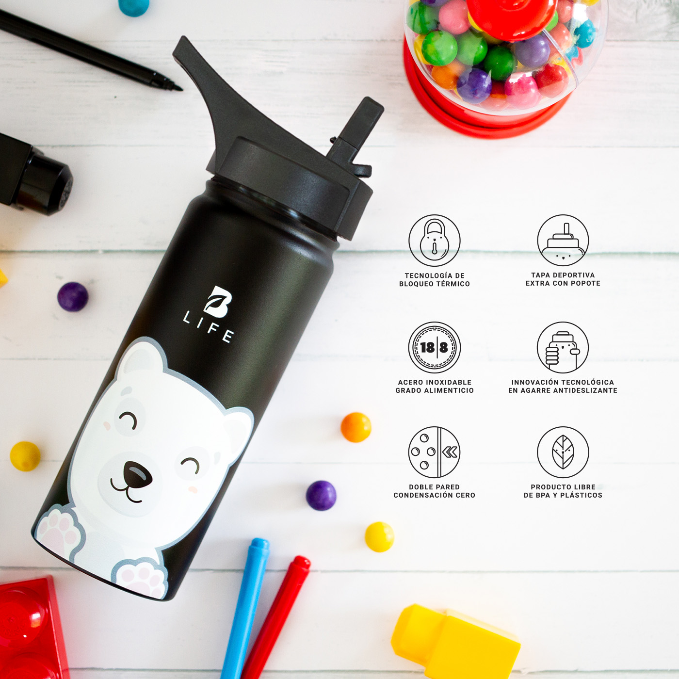 Foto 6 pulgar | Termo De Oso Polar De 532 Ml Para Bebidas Frías Y Calientes Más Tiempo Y Sin Fugas. Bear Kids Water Bottle. B Life