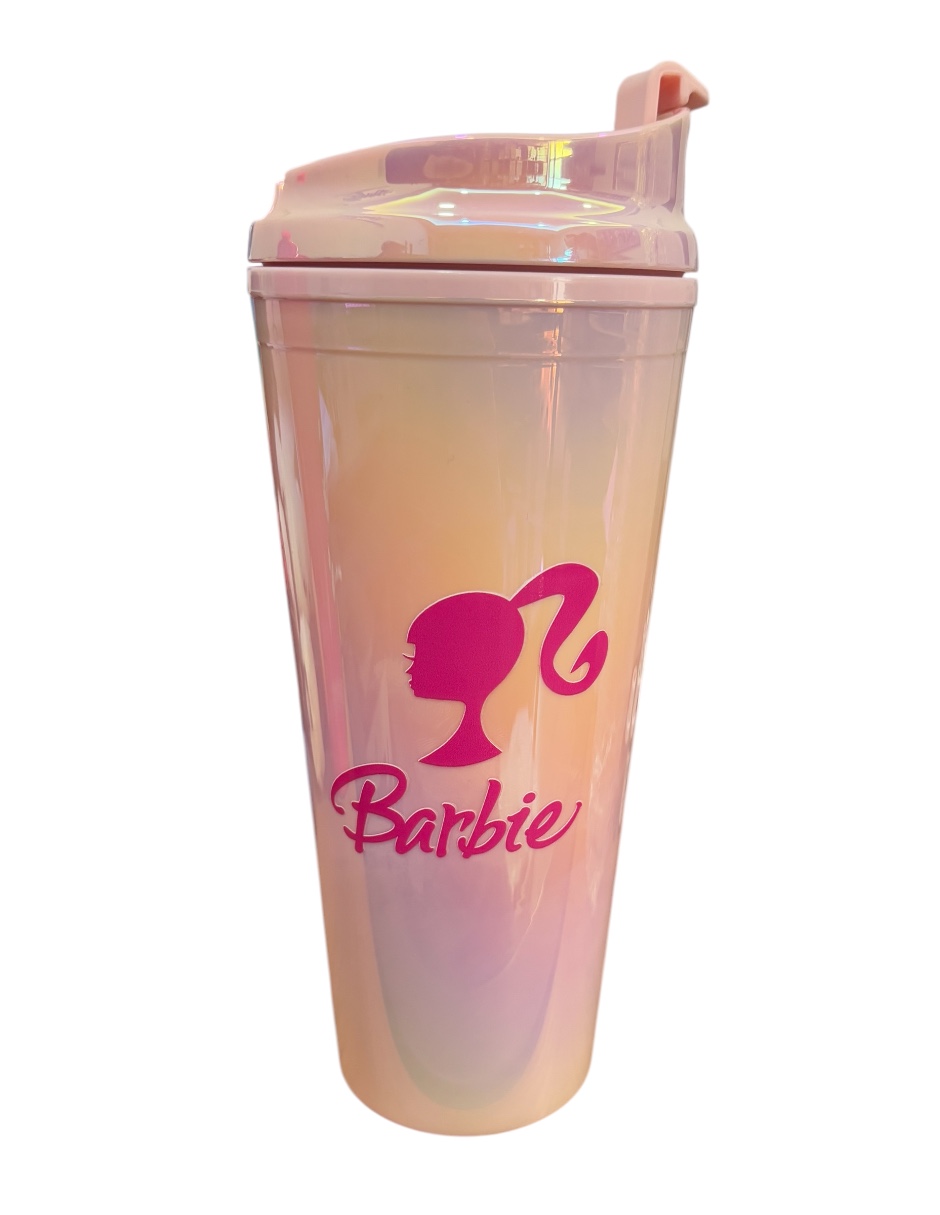 Termo De Acrílico Con Gliter Color Rosa Claro Tornasol Barbie, Mide 23 Cm De Alto Por 10 Cm De Ancho De 30 Oz